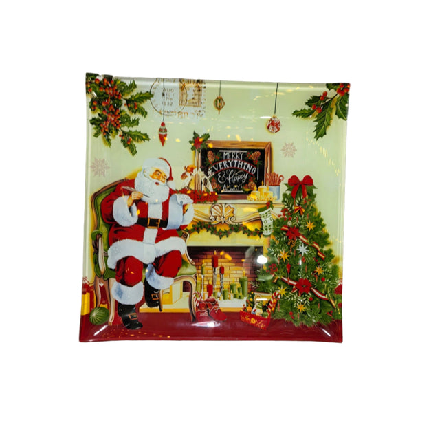 Square glass plate santa claus 30cm - Santa by fireplace