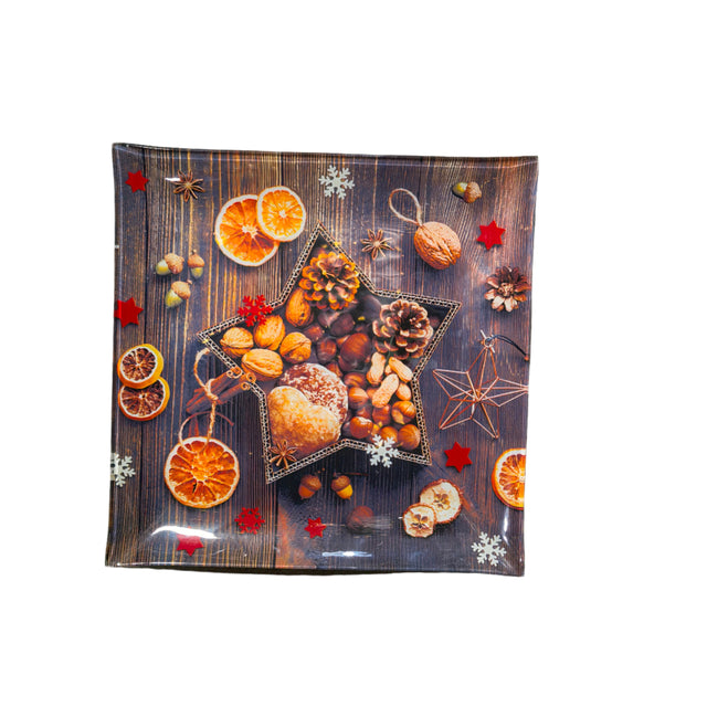 Square glass plate 25x25cm - Star design with spice and orange