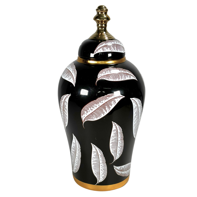 Ginger Jar Black & Gold With White Leaves 15.5X31Cm