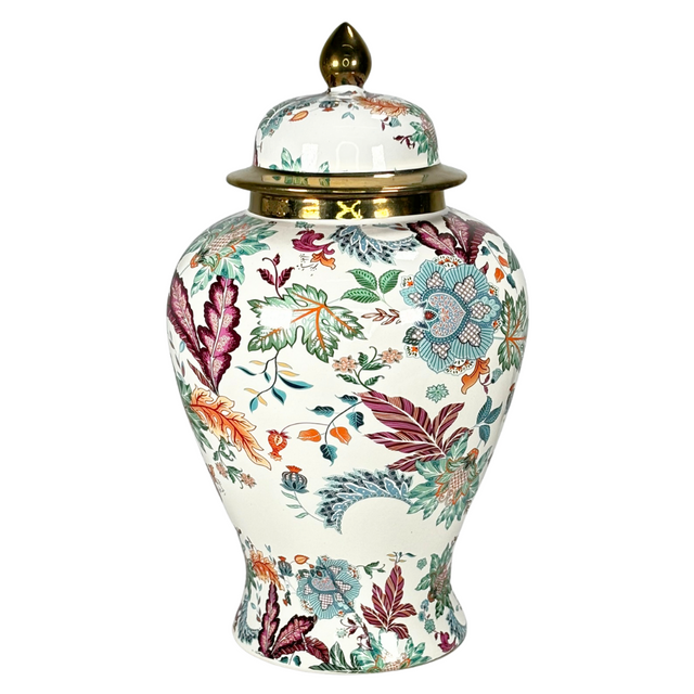 Ginger Jar White & Gold With Leaf Design 22X40Cm