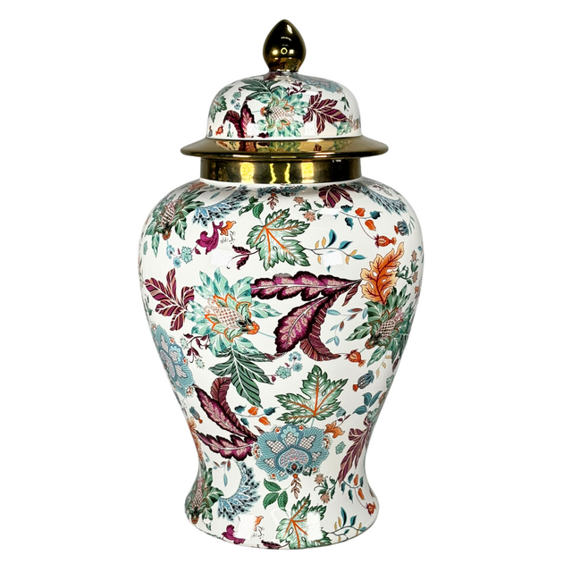 Ginger Jar White & Gold With Leaf Design 18X33Cm