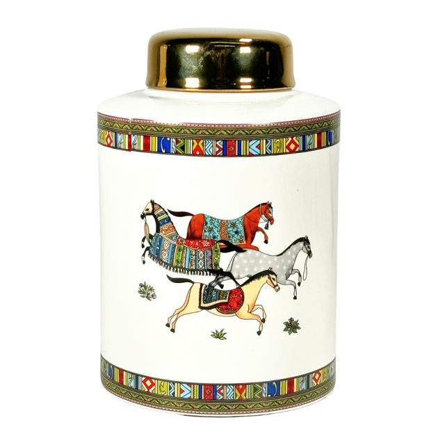 Ginger Jar White With Horse Design 13X21Cm