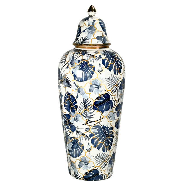Ginger Jar White With Blue Leaves 18X47Cm