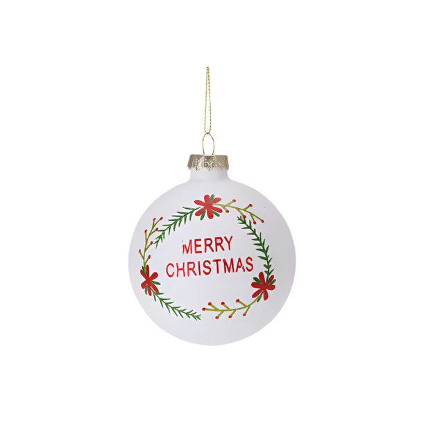 Xmas Ball with Merry Christmas Wording, Matt Glass, 8cm, White