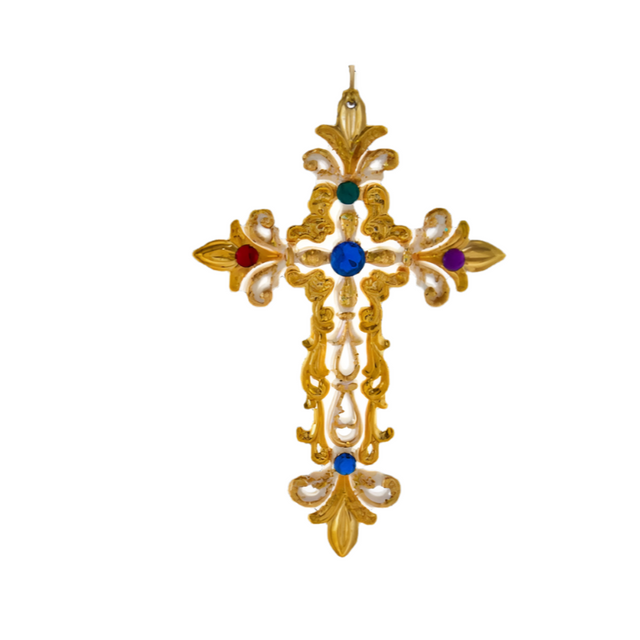 Plastic Gold & White Cross Hanging Ornament 15.75Cm
