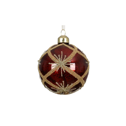 Bauble glass oxblood with gold cross lines 10cm