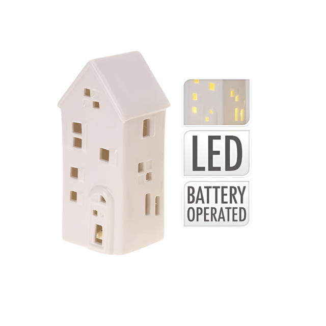 House with warm white Led, Porcelain, 7.4x6.5x16.4cm