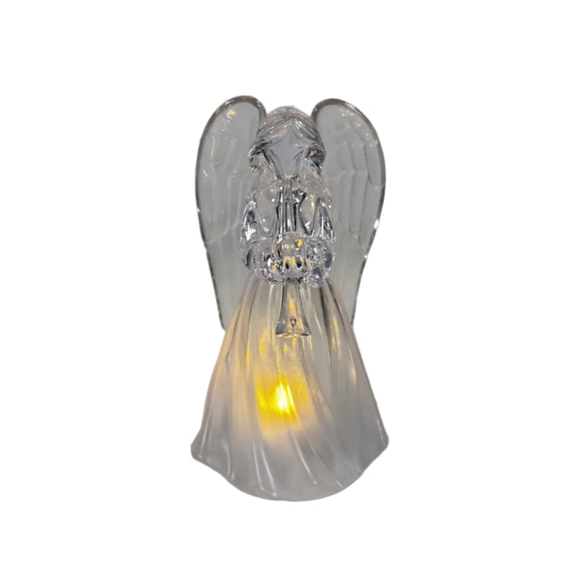 Angel, acrylic, warm white LED 6x5.5x11cm with trumpet - clear wings