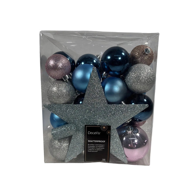 Bauble Set with Star Tree topper Set Of 33, 8cm, Blue, Pink & Silver