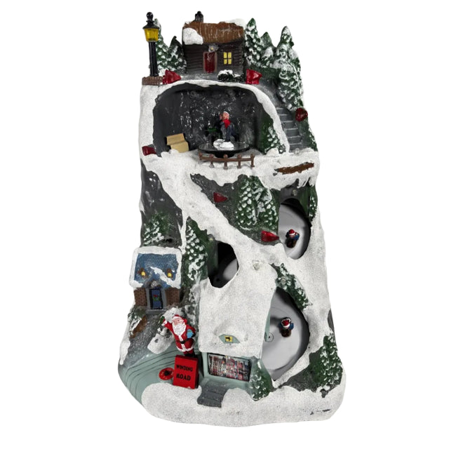 Christmas scene village on mountain with LED and movement 19.6x17.7x30.1cm