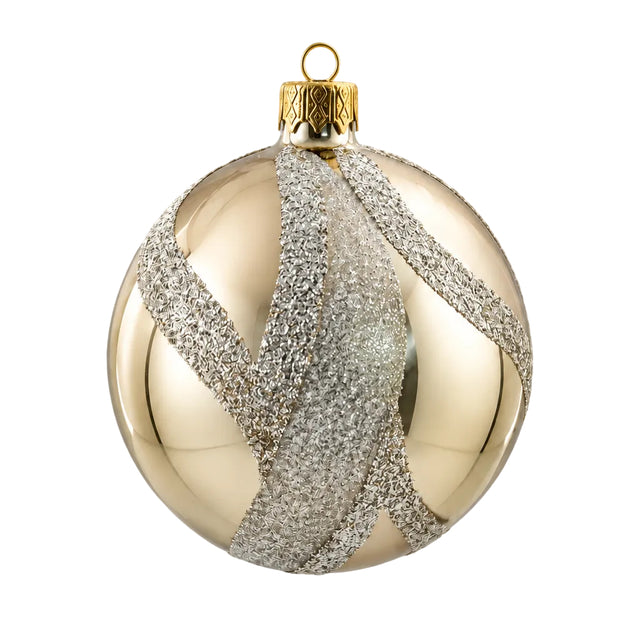 Xmas Ball Glass Gold Leaves Shiny 100mm
