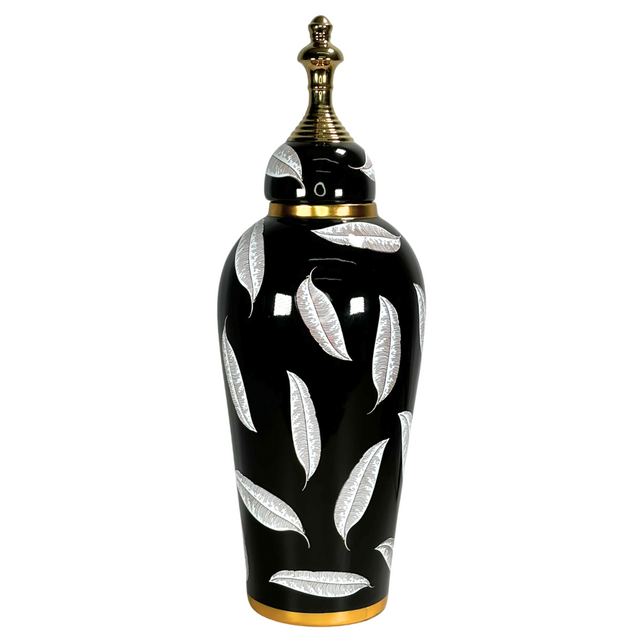 Ginger Jar Black & Gold With White Leaves 18X50.5Cm