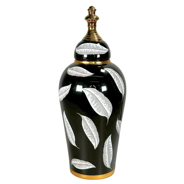 Ginger Jar Black & Gold With White Leaves 16.X40.5Cm