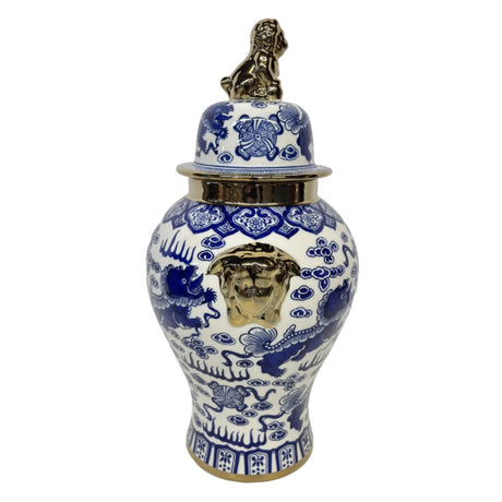 Ginger jar blue & white with gold lion 26x49cm