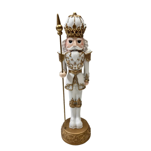 Gold and white nutcracker with staff 34cm