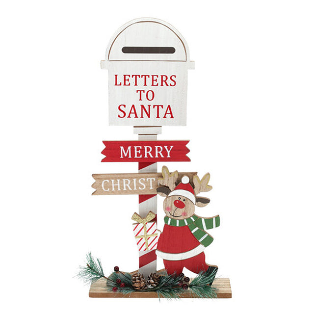 Mailbox Pinewood 20x5x39cm, White, Red & Wood - Reindeer