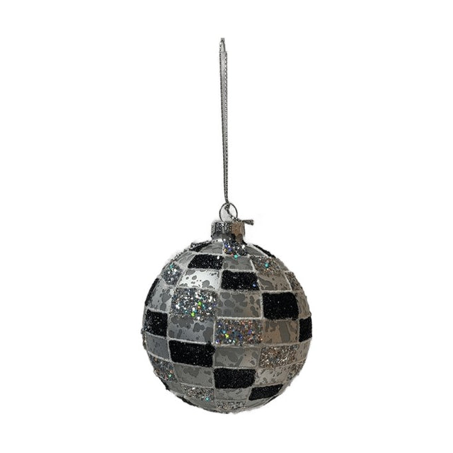 Glass Bauble With Black/Silver Tile 8Cm