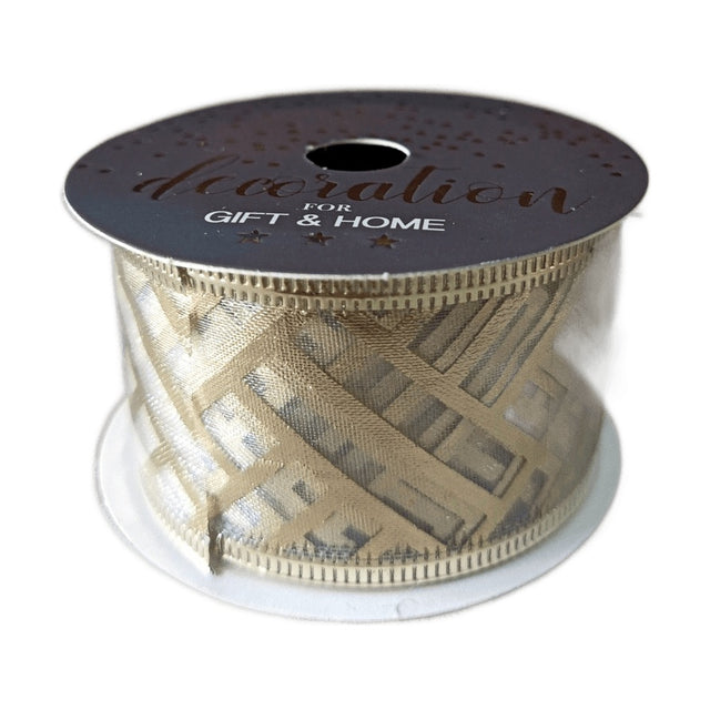 Ribbon,3.8X270Cm, Organza Base With Foilprint And Overlocked Borders. Ivory And Champagne