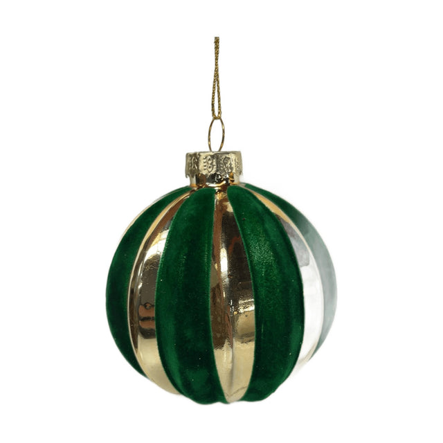 Bauble Glass With Velvet Stripes 8Cm - Green