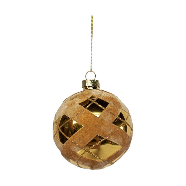 "(ABR220960-1)GLASS BAUBLE 8CM GOLD - WITH CROSSES,SHINY"