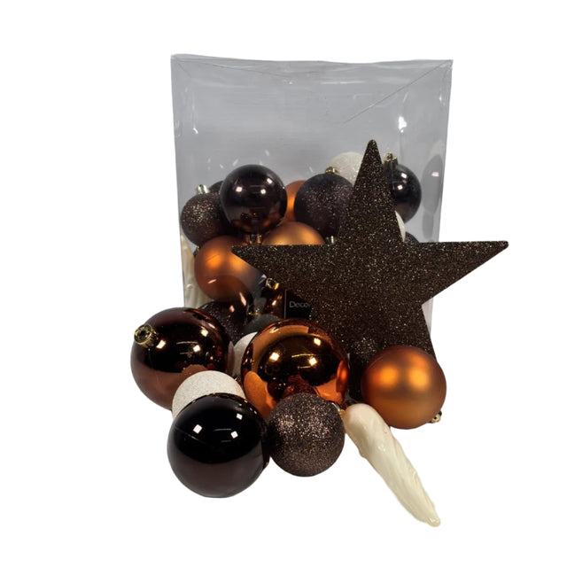 Bauble Set With Star Tree Topper Set Of 33 8cm, Copper & Brown