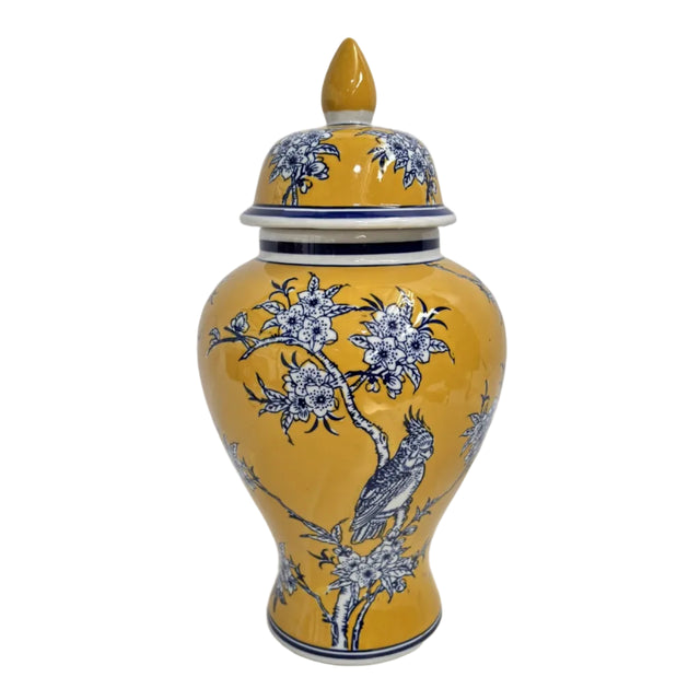 Yellow Ginger Jar - Blue Floral And Bird Pattern 18x18x35cm