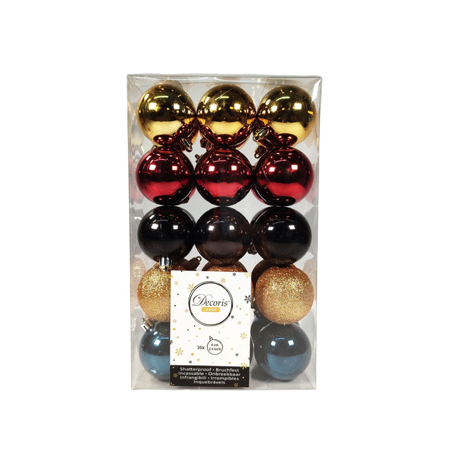 Baubles Mix Set Of 30 6cm Gold,Black,Red,Blue