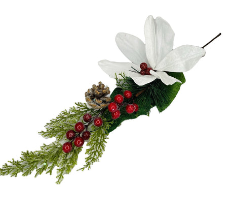 Berry & Pine Spray With White Poinsettia