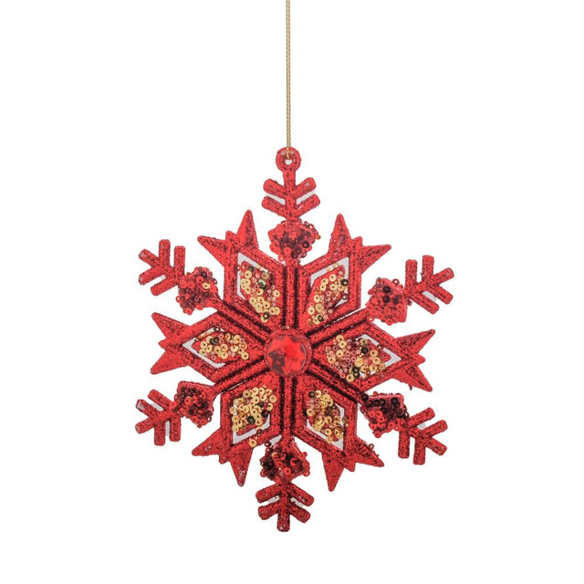 GLITTER SNOWFLAKE WITH GEM RED 14X14X1CM