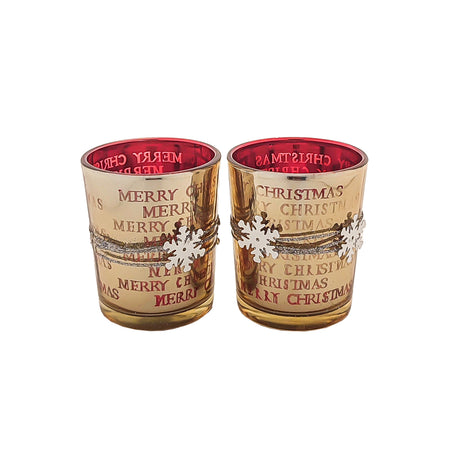 Gold Candle Holders With Snowflakes - Set of 2 (12.5cmx6.2cmx7cm)