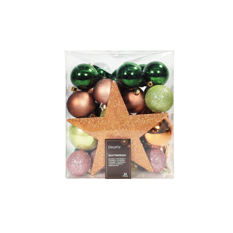 Gold, Green and Brown Bauble Set 33Psc 8cm