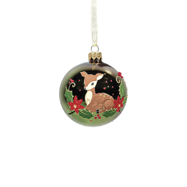 Bauble Glass With Reindeer Green 8cm