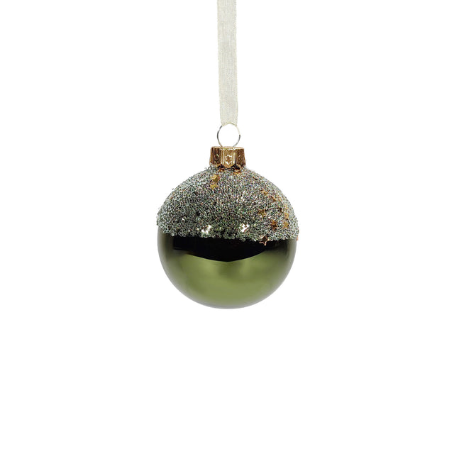 Bauble Glass Pine Green With Glitter Shiny