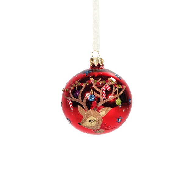 Bauble Glass With Reindeer And Candy Red