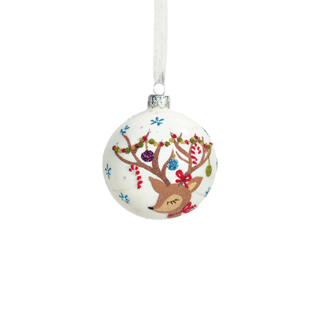 Bauble Glass With Reindeer And Candy White 8cm