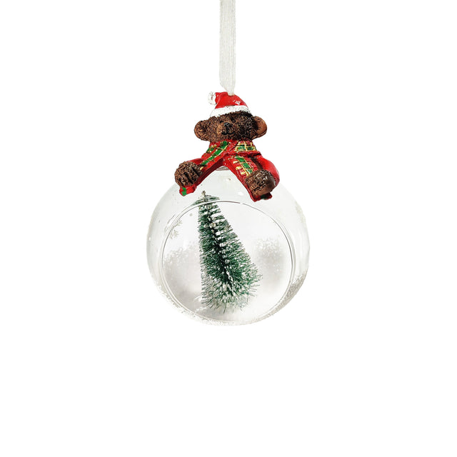 Glass Bauble With Snow And Tree With Bear 8x15cm