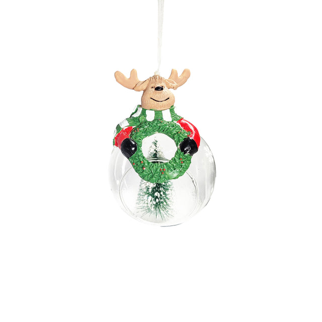 Glass Bauble With Snow And Tree With Reindeer 8x15cm