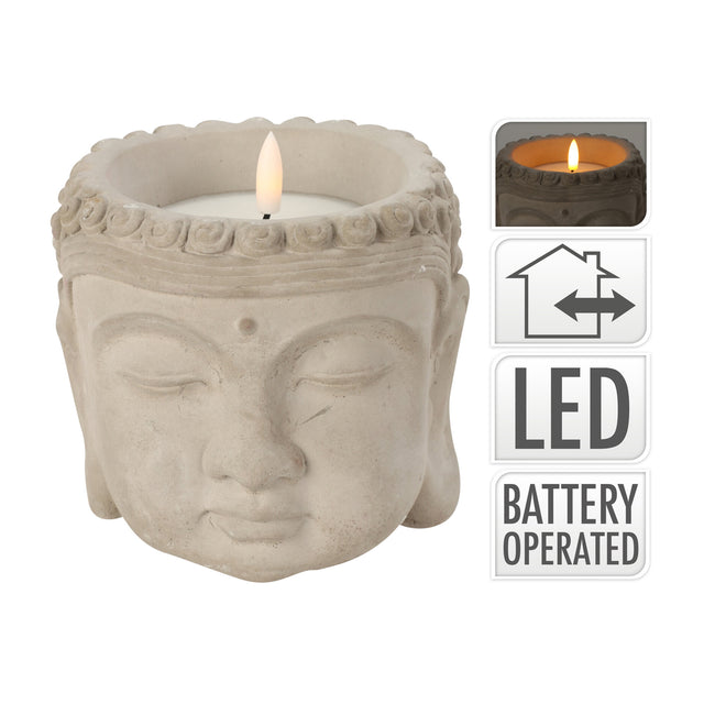 Led Candle In Buddha Concrete Pot, White Wax Warm Led Top 135X130Mm