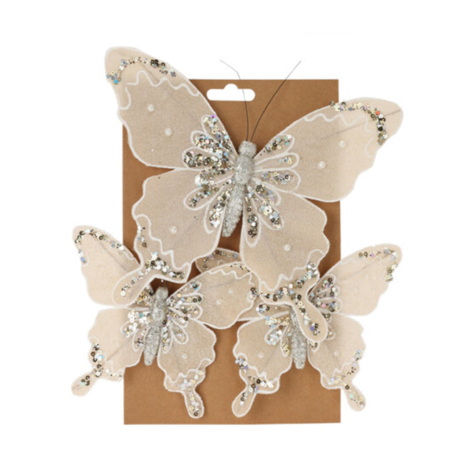 Butterfly On Clip, Set Of 3, 14X11.5Cm, Cream & White & Glitter