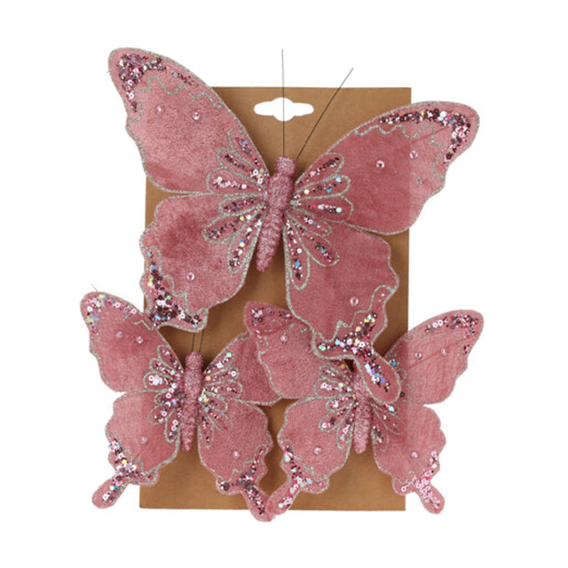 Butterfly On Clip,Set Of 3, 14X11.5Cm  Pink & Glitter Tip Wings