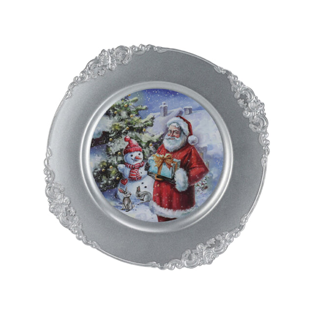 Plate  33Cm  Silver, Santa And Snowman