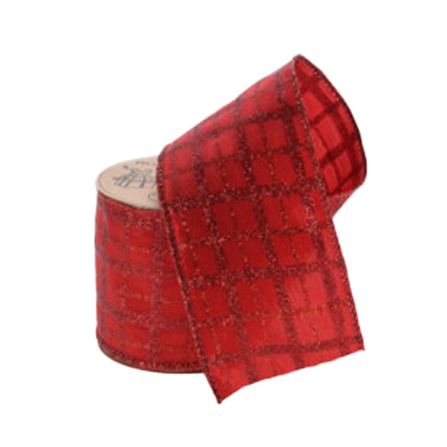 Ribbon. Polyester, 6.3X27Cm, With Metal Wire In Glitter Patterns-Red Check