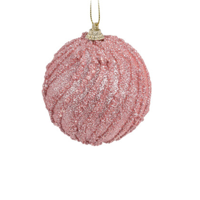 Pink Christmas Decoration Foam Ball - With Beads & Glitter Swirl