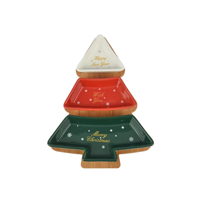 Serving Set, 4Pcs, Bamboo Serving Tray In Xmas Tree Shape 27X20X4Cm, 3 Stoneware Bowls Per Set: White, Red And Green