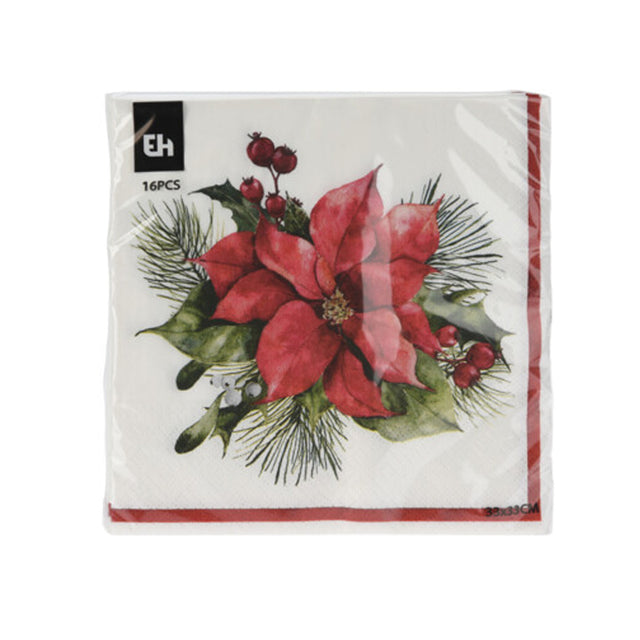 Napkins, Paper Material, 16Pcs, 33x33cm - Poinsettia