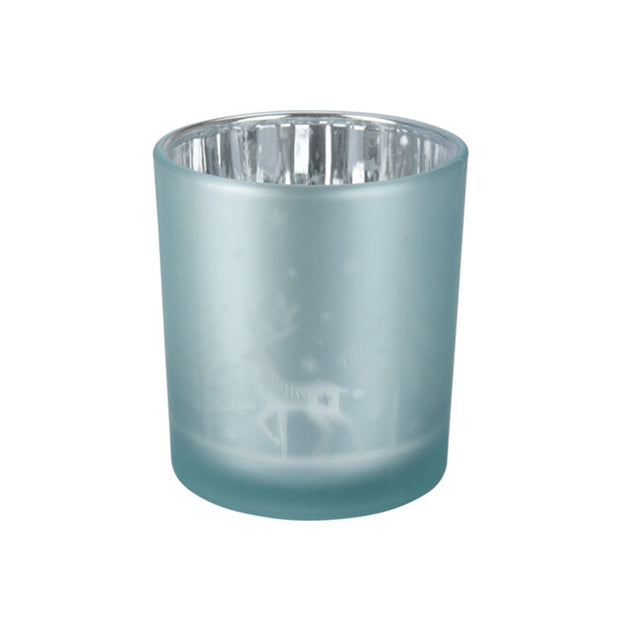 Candle Holder Glass, 7.1X7.8Cm, Blue With Reindeer