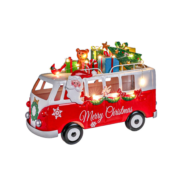 Santa In Christmas Bus, Metal, 31,5X11,5X22, Red And With 20X W/W Led,