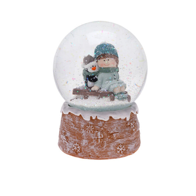 Waterball, Glass And Polyresin Base 10X10X13Cm,  Waterball With Tree Trunk Base. Girl With Penguin