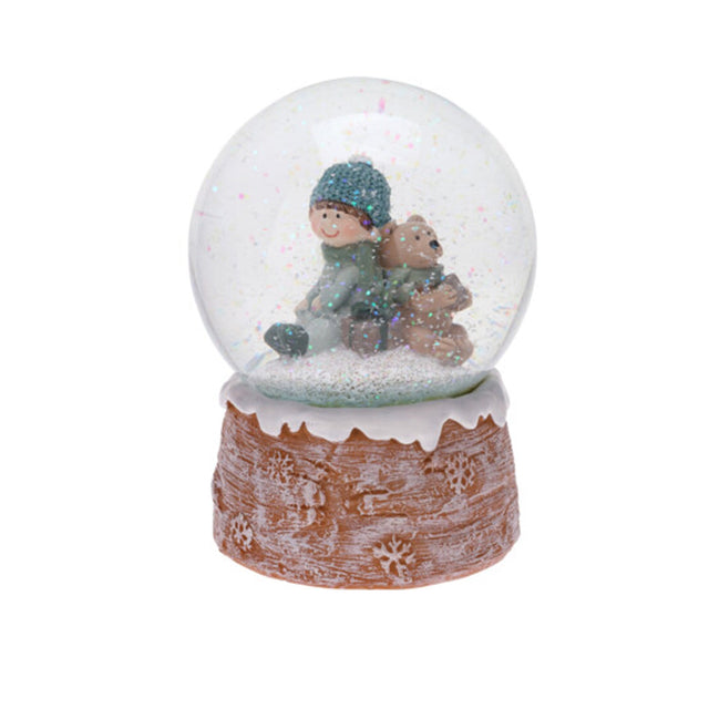 Waterball, Glass And Polyresin Base 10X10X13Cm,  Waterball With Tree Trunk Base. Boy With Bear