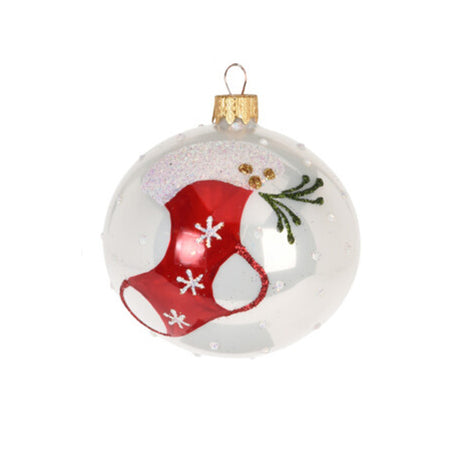 White & Red Stocking Christmas Ball Decoration (100mm)